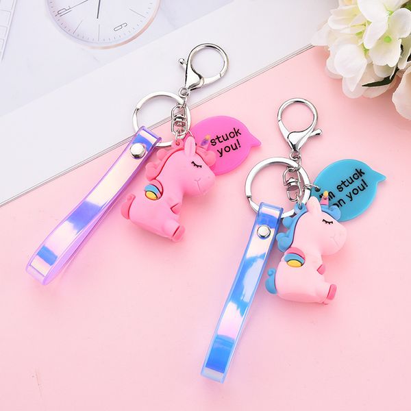 

2021 fashion keychain wo'an soft rubber unicorn key chain bag jewelry women's pvc magic color laser leather rope small pendant, Silver