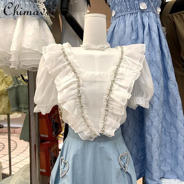 

women's blouses & shirts fashion shirt 2021summer temperament square collar puff sleeve exquisite rhinestone short top, White
