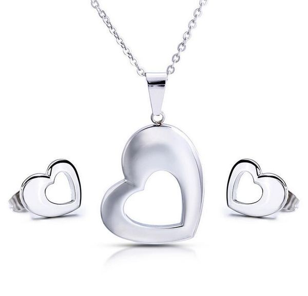 

earrings & necklace fashion jewelry set gold color stainless steel sideway love heart pendant gift for girls women, Silver