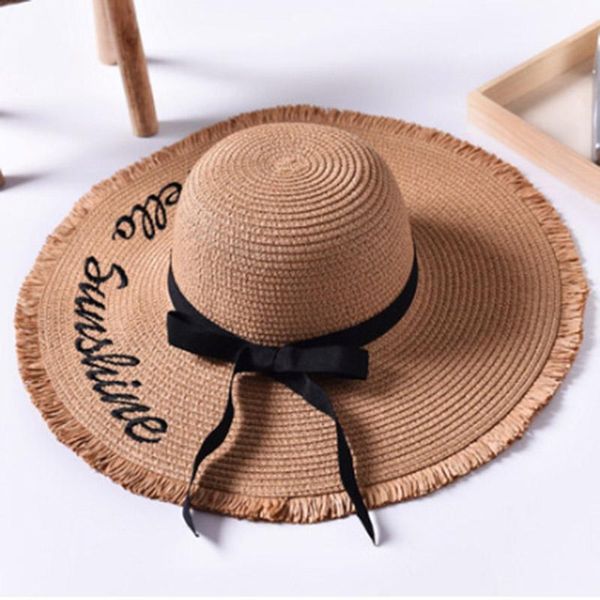 

wide brim hats handmade weave letter sun for women black ribbon lace up large straw hat outdoor beach summer caps chapeu feminino, Blue;gray