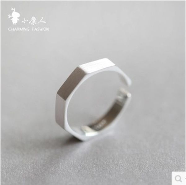 

s925 pure nut geometric design plain silver drawing korean opening adjustable ring fashion girl, Black