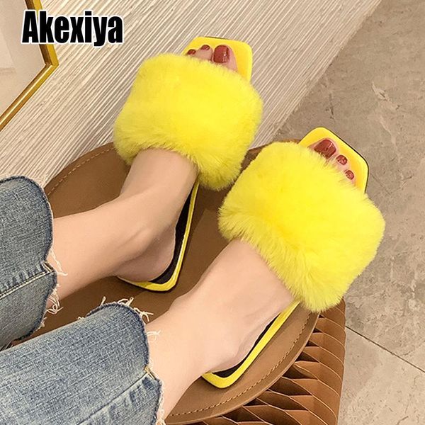 

woman slippers summer shoes for women flat home faux fur warm female slides plus size 42 o011, Black