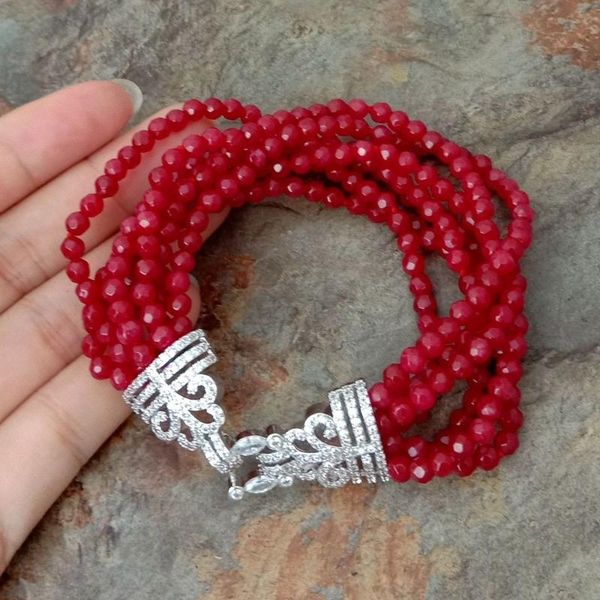 

beaded, strands women's 8'' 7 rows red stone bracelet cz clasp, Black