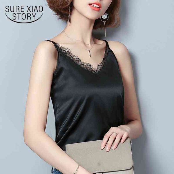 

fashion lace camis vest slim v collar black green chiffon women tank sleeveless female blusa 0628 40 210415, White