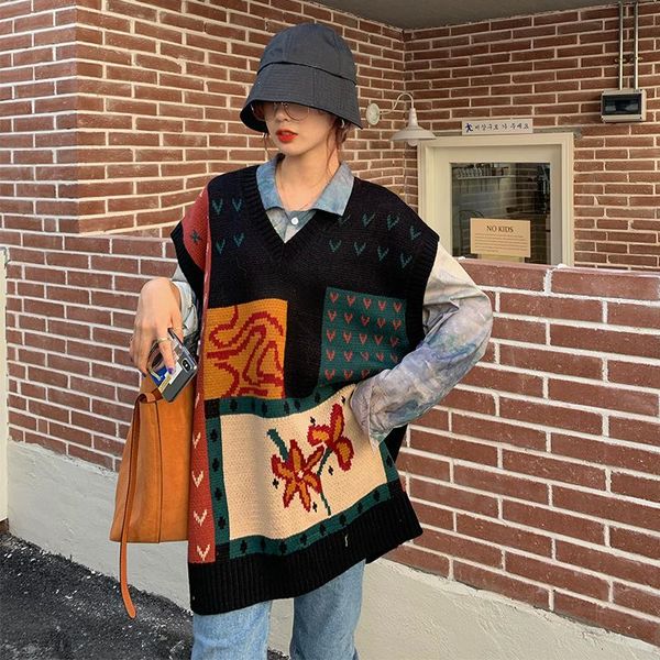 

women's vests v neck loose vintage print sweater vest women korean style casual all match oversize knit simple autumn 2021 fashion, Black;white