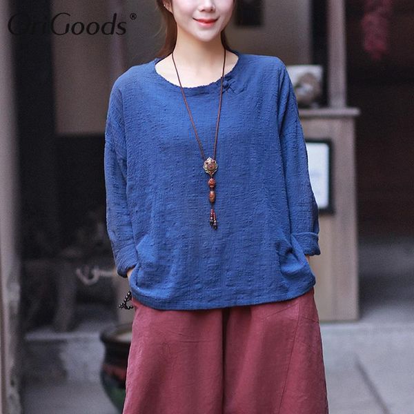 

women's blouses & shirts origoods long sleeve blouse wome solid blue yellow white shirt cotton linen chinese style vintage summer c010
