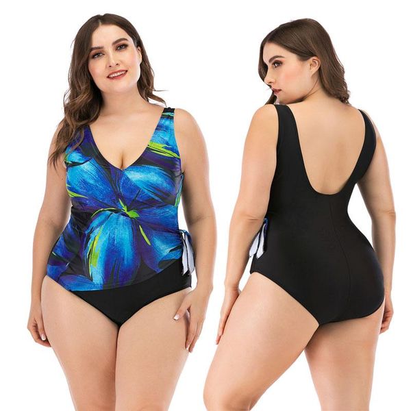 

plus size print one piece swimsuit push up beach bathing halter low cut swimwear bikini tie side large big l-4xl two-piece suits