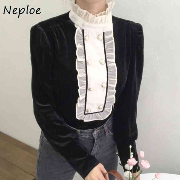 

neploe women blouse stand collar ruffles panelled patchwork chic double pockets velvet shirt all-match puff sleeve blouses 210422, White