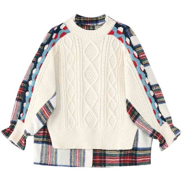 

fit o neck long sleeve women pullovers warm queen clothing fashion autumn plaid big size knitting sweater 210427, White;black