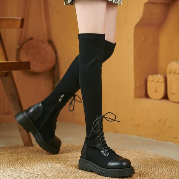 

boots thigh high fashion sneakers women leather chunky heels over the knee female stretchy velvet platform oxfords shoes, Black