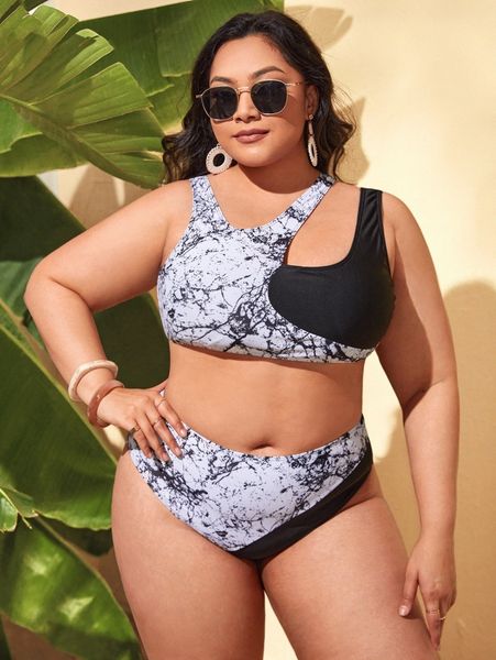 

plus allover print high waisted bikini swimsuit k1db#, Black