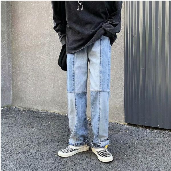 

men's jeans korean fashion men wide leg 2021 autumn streetwear straight baggy denim pants male brand trousers, Blue