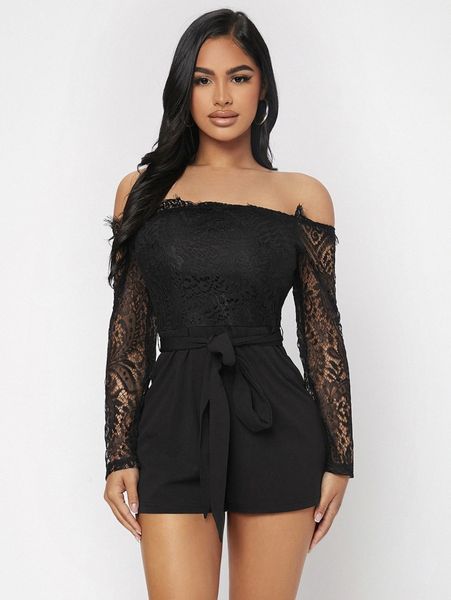 

petite off shoulder guipure lace bodice belted romper u0lt#, White