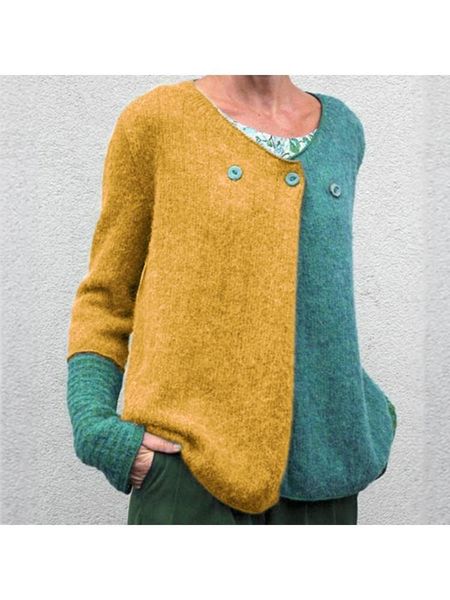 

women's sweaters women long sleeve knitted cardigan color block v-neck button split sweater coat, White;black