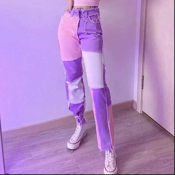 

hip hop autumn blue pink women jeans patchwork high waist straight trousers female denim for woman