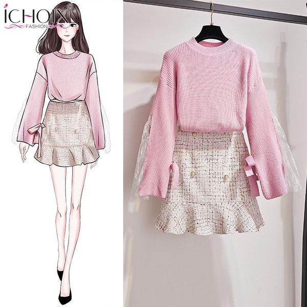 

two piece dress ichoix women's winter sweater 2 piece korean candy set together extension mesh + mini skirt 2 of pink clothes sxiu, White