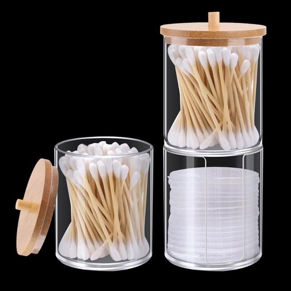

storage boxes & bins double layer transparent make up box for cotton swabs makeup pad cosmetics jewelry qtip holder with bamboo lid