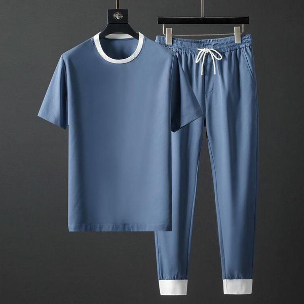 

summer tencel male sets (t-shirt+pants) luxury short sleeve sport casual mens fashion slim fit man set plus size 4xl men's tracksuits, Gray