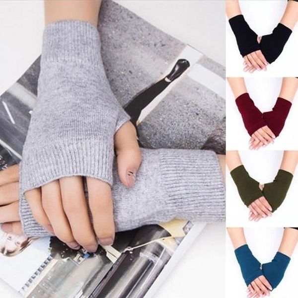 

five fingers gloves 1 pair solid color outdoor warm women soft fingerless half finger knitted autumn winter, Blue;gray