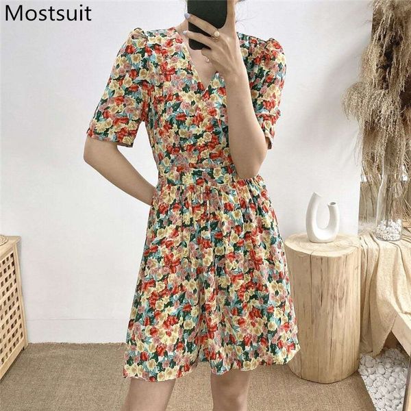

floral printed vintage women dress spring summer short sleeve v-neck a-line mini dresses korean elegant female vestidos 210518, Black;gray