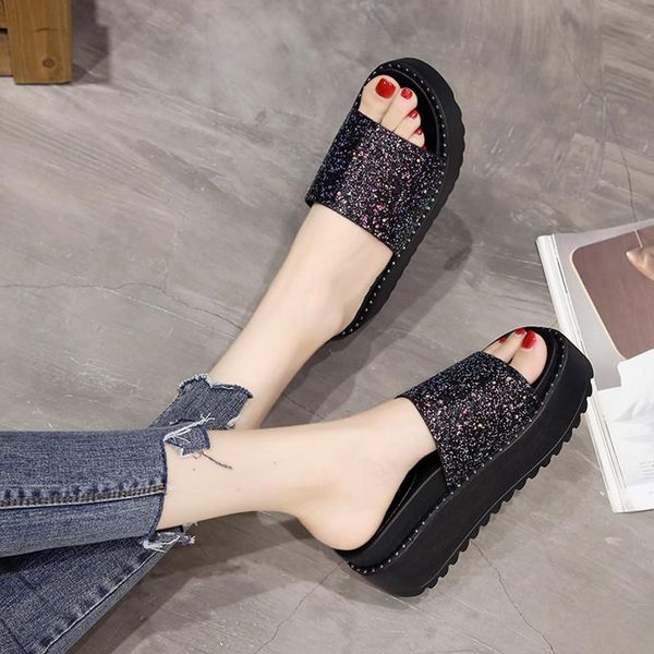 

slippers casual shoes woman 2021 pantofle peep toe platform heeled mules luxury flat high slides pu rubber fabric bling, Black