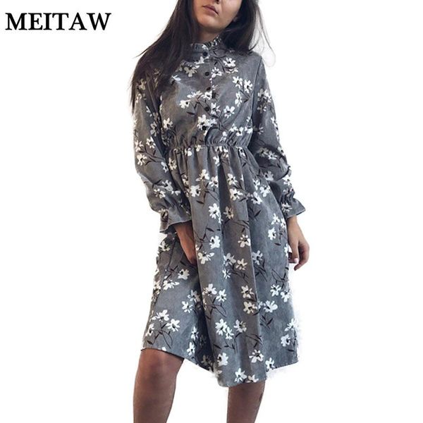 

autumn winter retro corduroy dresses high elastic waist vintage dress 2021 casual long sleeve floral printed vestidos, Black;gray
