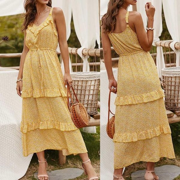 

summer vintage party dress v-neck ruffle elegant beach female yellow floral print mid dresses vestidos femme 2021 casual, Black;gray