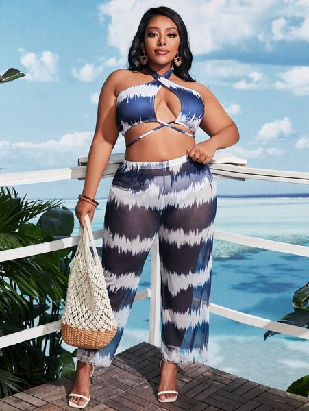 

plus tie dye halter high waisted bikini swimsuit with cover up 09le#, Black