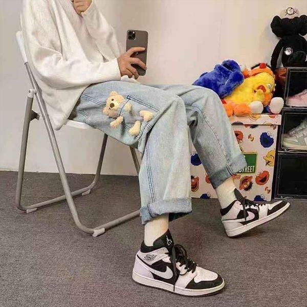 

spring summer thin fashion womens jeans casual straight cute bear loose oversize female trousers long pants, Blue