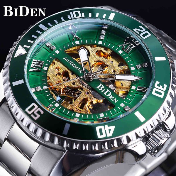 

watches biden green skeleton dial diamond design automatic waterproof stainless steel luminous hand men business mechanical, Slivery;brown