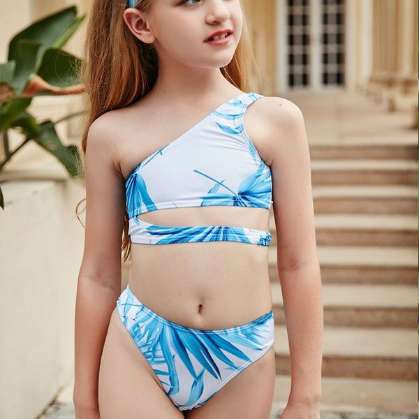 

one-piece suits girls kids swimsuit split blue print swimwear big beachwear one shoulder high elastic bathing suit children biquini