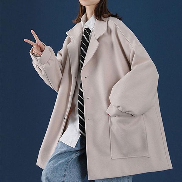 

women's wool & blends large size woolen coat mid-length fashion ins autumn and winter korean loose bf wind, Black