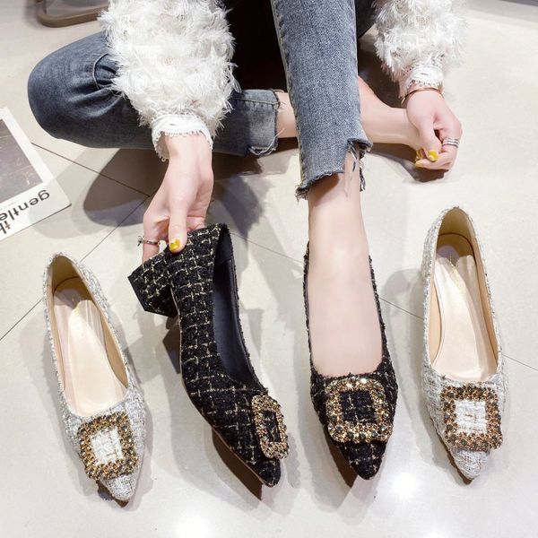 

pointed toe shallow women shoes new casual shoes woman comfortable slip on crystal square heels metal buckle single ladies shoes c0410, Black