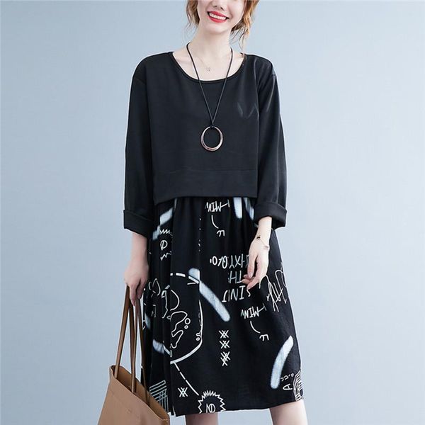 

casual dresses 2021 arrival knitted cotton linen patchwork fashion autumn dress tie dye print street women spring midi, Black;gray