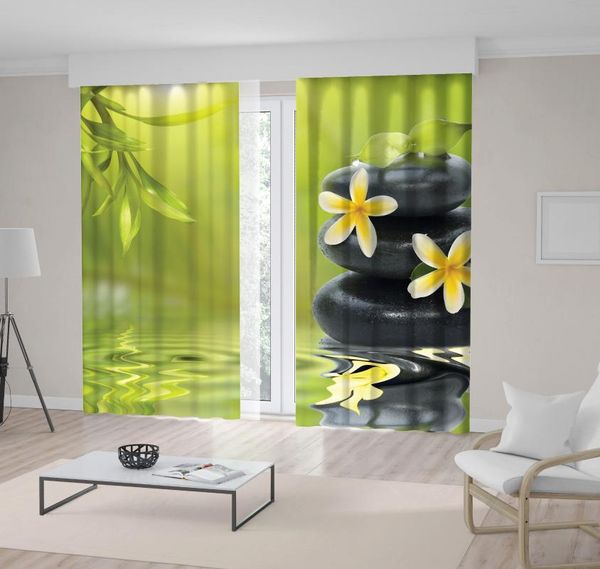 

curtain & drapes yellow orchid flowers green bamboo leaves black on stones water spa concept po printed