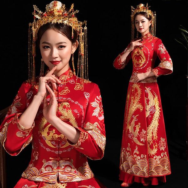 

oversize 6xl phoenix flower embroidery chinese bride wedding dress retro cheongsam groom toast clothing ethnic, Red