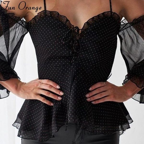 

fun orange fashion summer women shirts polka dot v-neck puff sleeve off shoulder strapless chiffon lace up blouse women's blouses, White