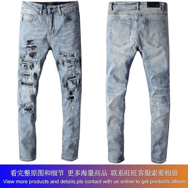 

fashion us am casual hip hop high street worn-out wash splashed ink painted slim fit jeans man #626, Blue