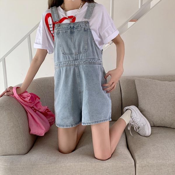 

women's jeans loose denim jumpsuit women cotton vintage garment soft wash big pocket large hem short, Blue