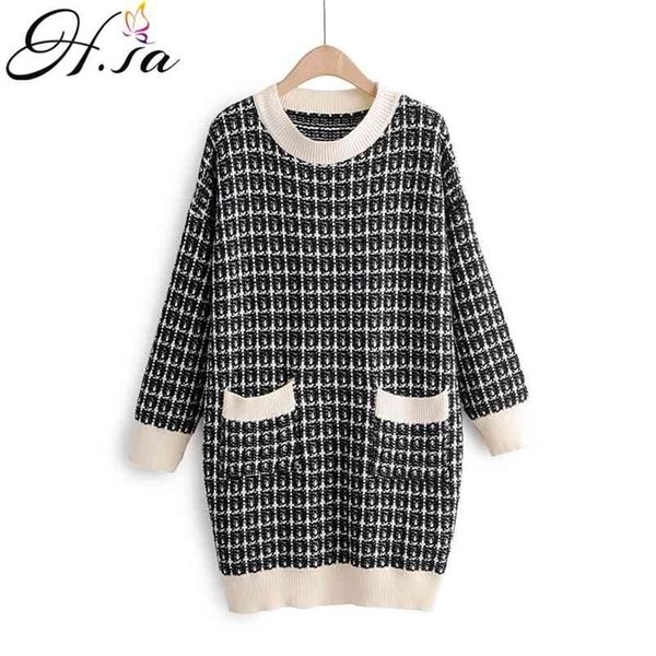 

fall fashion long sweater jumpers oneck elegant plaid loose dress knitting pullovers sueter mujer pull femme 210430, Black;white
