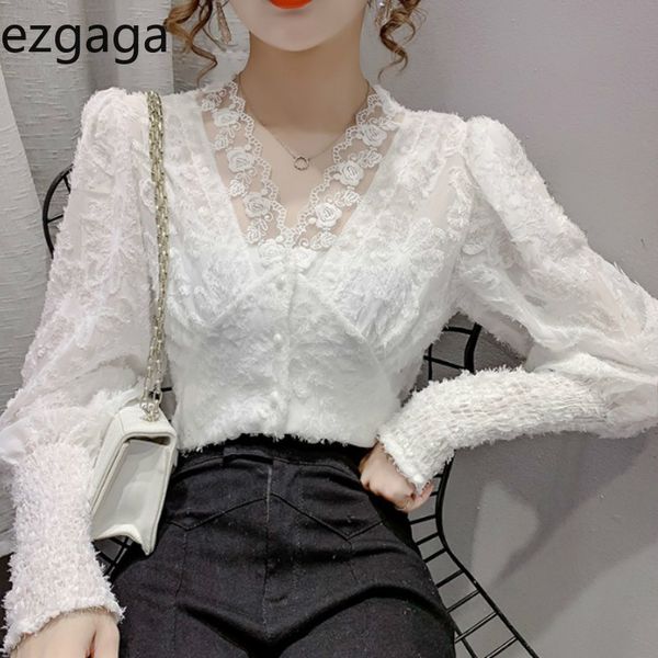 Ezgaga sexy v-pescoço retalhos retalhos festa blusa mulheres corean elegante primavera nova manga longa sólida sexy camisas moda tops 210430