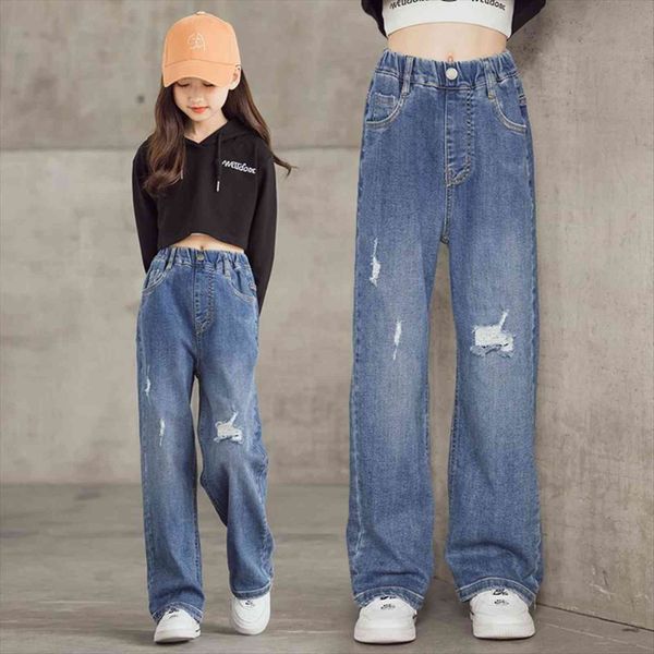 

arrival girls jeans wide leg pants straight cotton children ripped loose denim trousers fashion kid big clothing, Blue