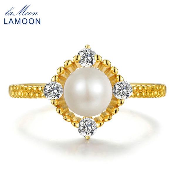 

cluster rings lamoon- 6.5mm 100% natural freshwater pearl ring 925 sterling silver jewelry romantic wedding band lmri028, Golden;silver