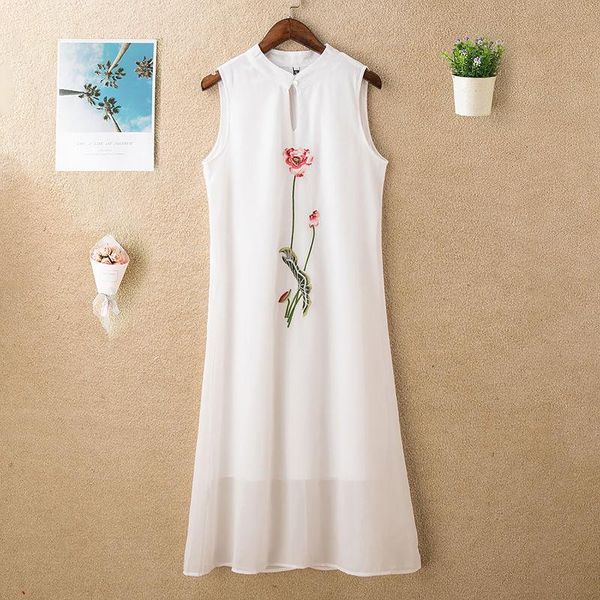 

women 2021 summer floral embroidered chiffon vest dress female o-neck sleeveless dresses ladies mid-long loose vestidos l08 casual, Black;gray