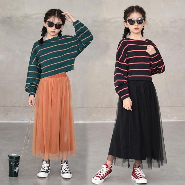 

clothing sets kids long-sleeved striped t-shirt mesh pleated skirt for girls autumn simple ins style school clothes teenager, White