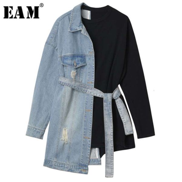 

[eam] loose fit denim split bandage sweatshirt round neck long sleeve women big size fashion tide spring autumn 1h839 210928, Black