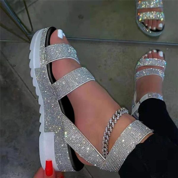 

women's summer sandals crystal wedges ladies casual thick heel flat open toe buckle strap muticolor shoes #40, Black