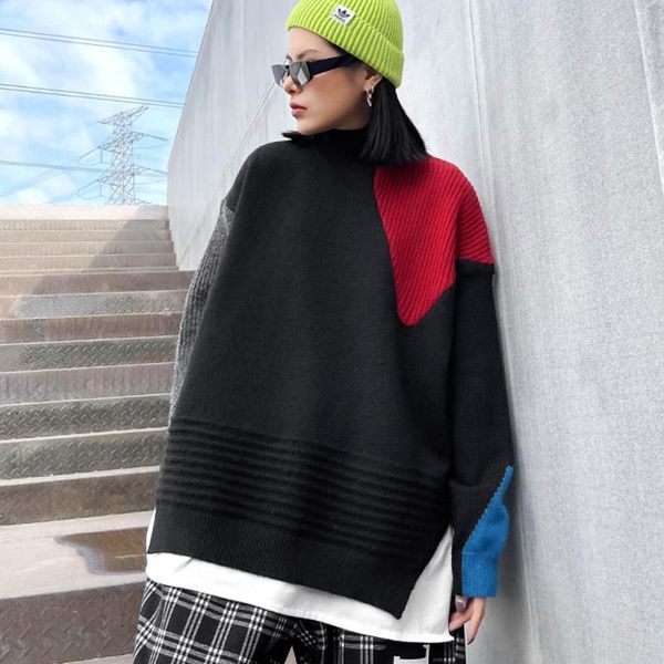 

johnature spring patchwork false two-piece sweaters 2021 fashion loose o-neck knitting women sweater women's, White;black