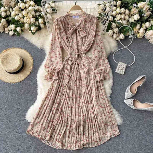

french spring sweet tie bow retro scarf collar puff sleeve mid-calf chiffon dress for women 210615, Black;gray