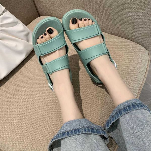 

women's sandals 2021 ladies flat parallel bar style shoes women round toe solid platform fashion casual beach buckle shoe summer y0721, Black